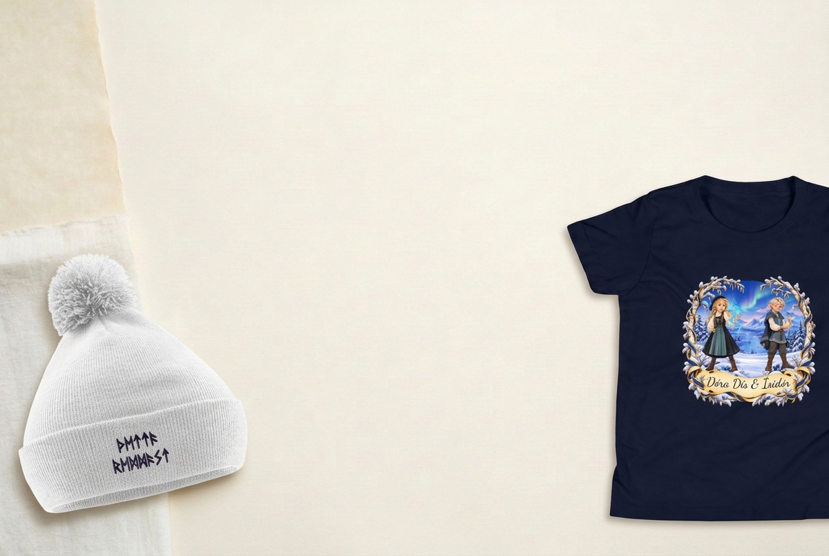 Clothing banner with the Rune Guards tee and rune-embroidered beanie