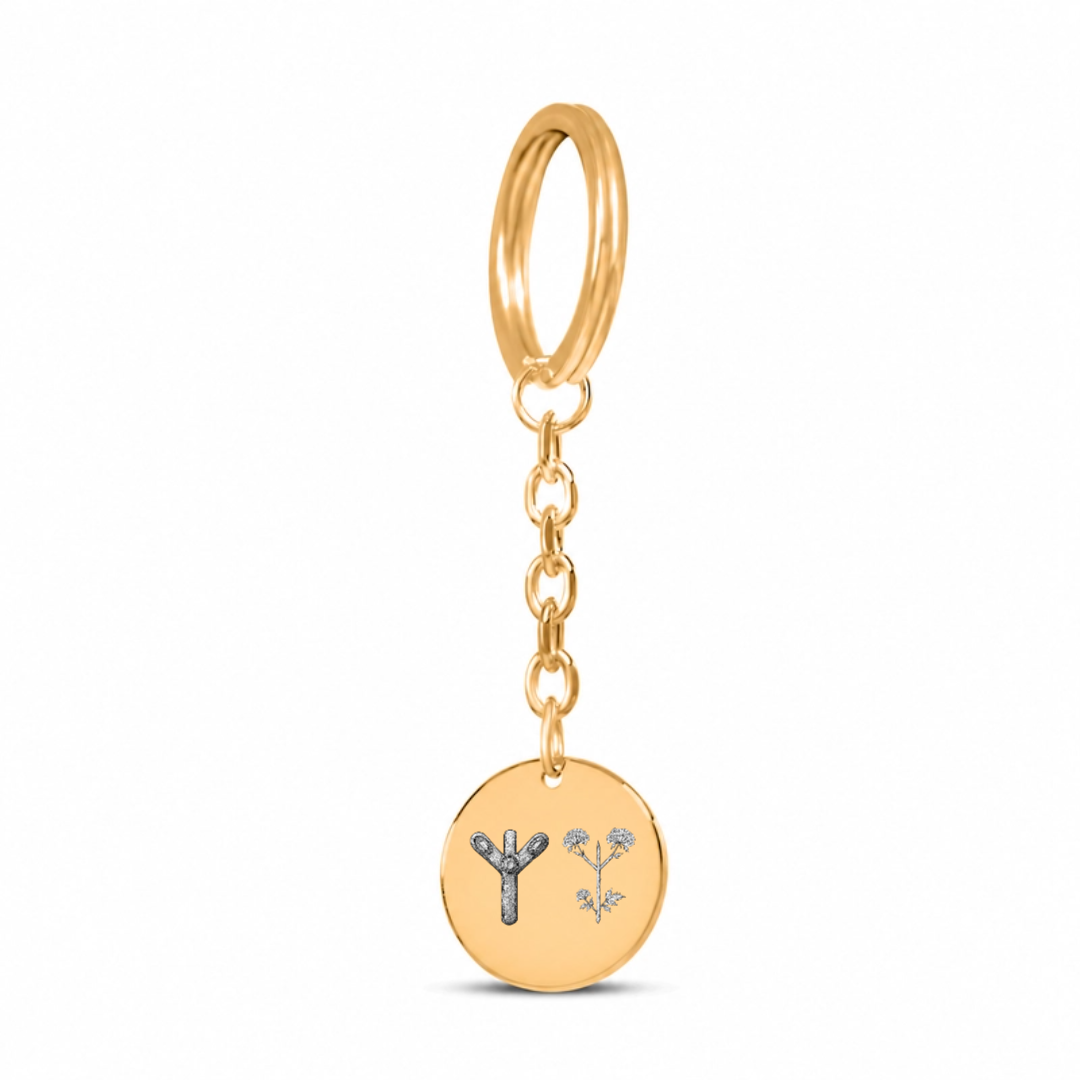 RuneScope personalised two-rune coin keychain in gold — lineart engraving preview