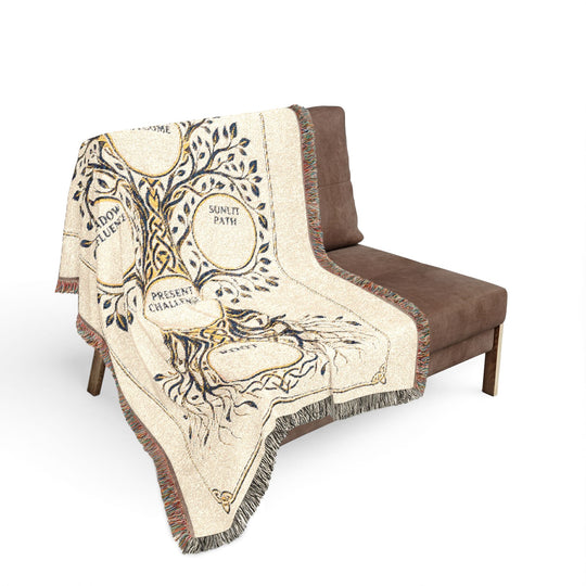 RuneScope Yggdrasil Rune Casting Blanket — Ivory — draped over a chair