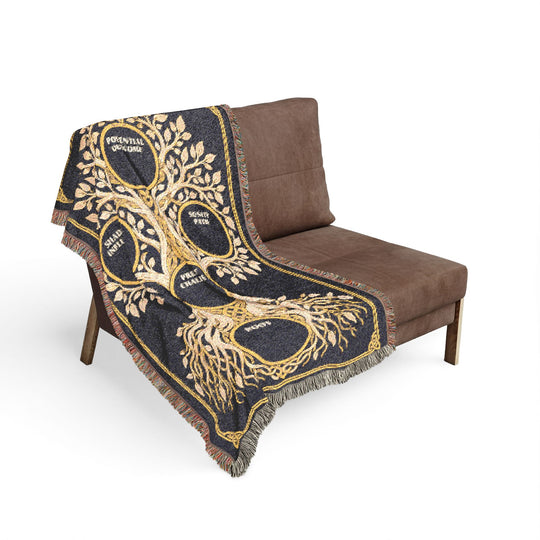RuneScope Yggdrasil Rune Casting Blanket — Midnight — draped over a chair