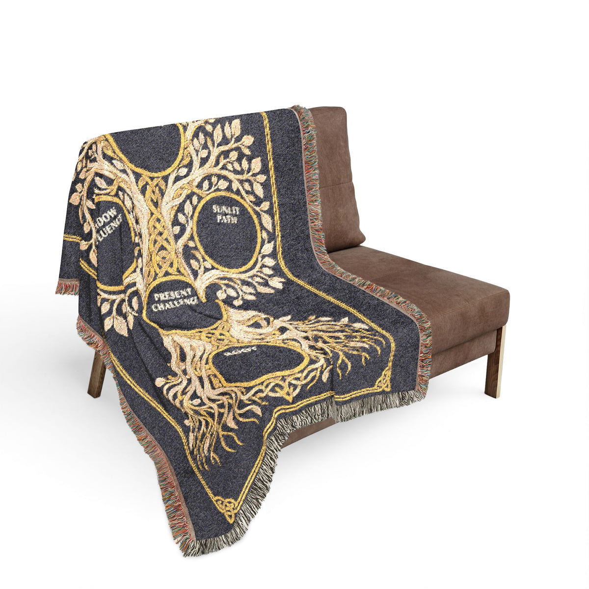 RuneScope Yggdrasil Rune Casting Blanket — Midnight — draped over a chair