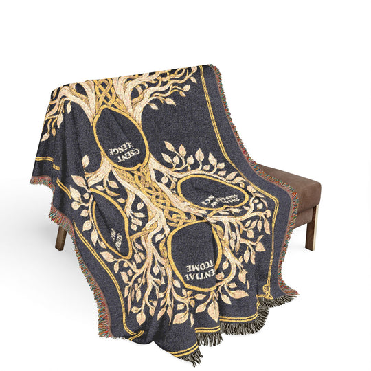 RuneScope Yggdrasil Rune Casting Blanket — Midnight — draped over a chair