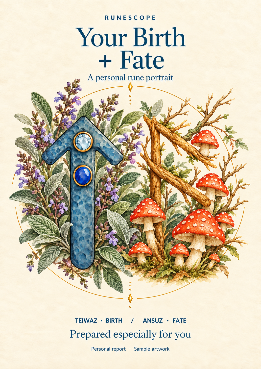 A personalized runescape report cover titled 'Your Birth + Fate' with a blue Teiwaz rune, red-and-white mushrooms, green leaves, and purple flowers on a cream background.
