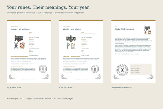 A digital preview of a runic calendar or journal cover design, showing three sample pages side by side on a light beige background. The pages feature elegant typography, decorative runic symbols, and minimalist illustrations.