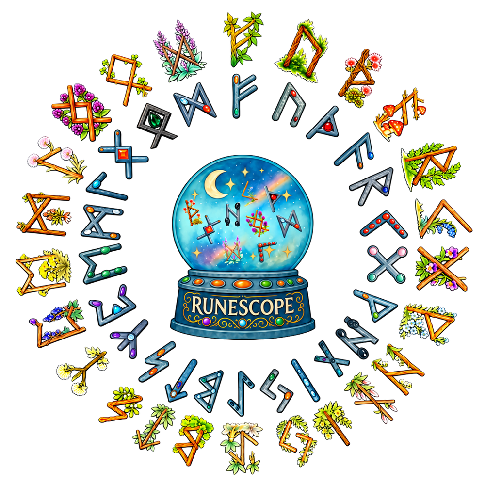 RuneScope crystal ball surrounded by the illustrated Elder Futhark runes