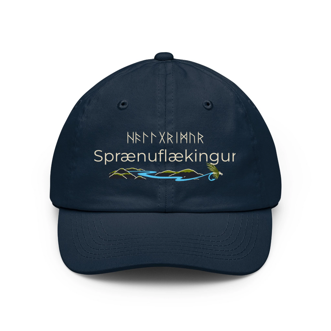 Personalizable "Sprænuflækingur" Icelandic angler design on a black coloured baseball cap with runic lettering and scripted font
