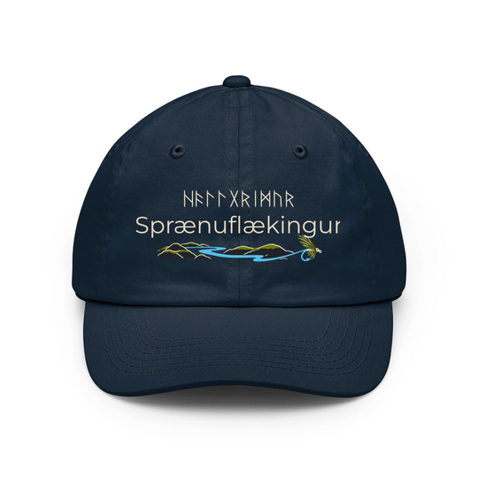 Personalizable "Sprænuflækingur" Icelandic angler design on a black coloured baseball cap with runic lettering and scripted font