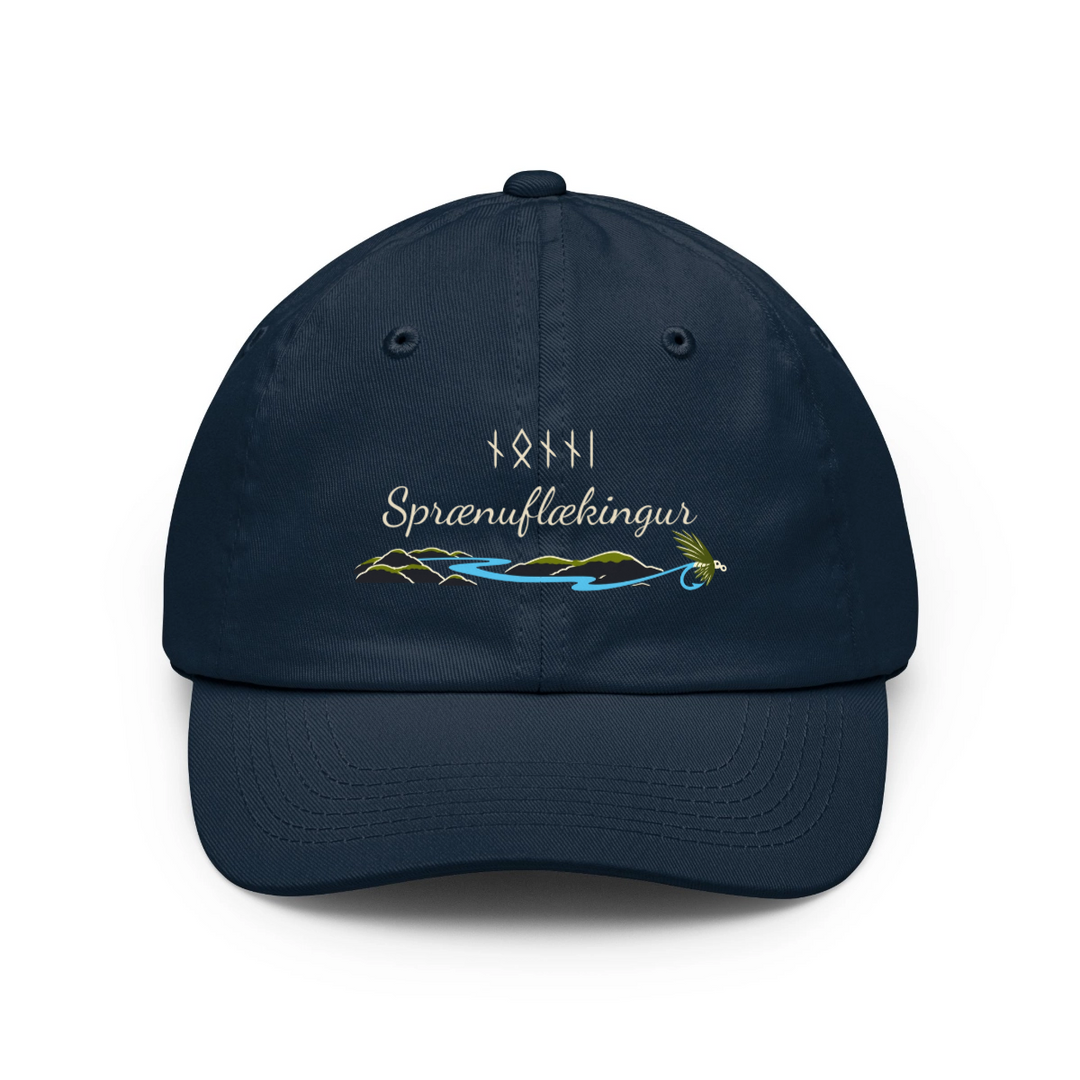 Personalizable "Sprænuflækingur" Icelandic angler design on a black coloured baseball cap with runic lettering and scripted font
