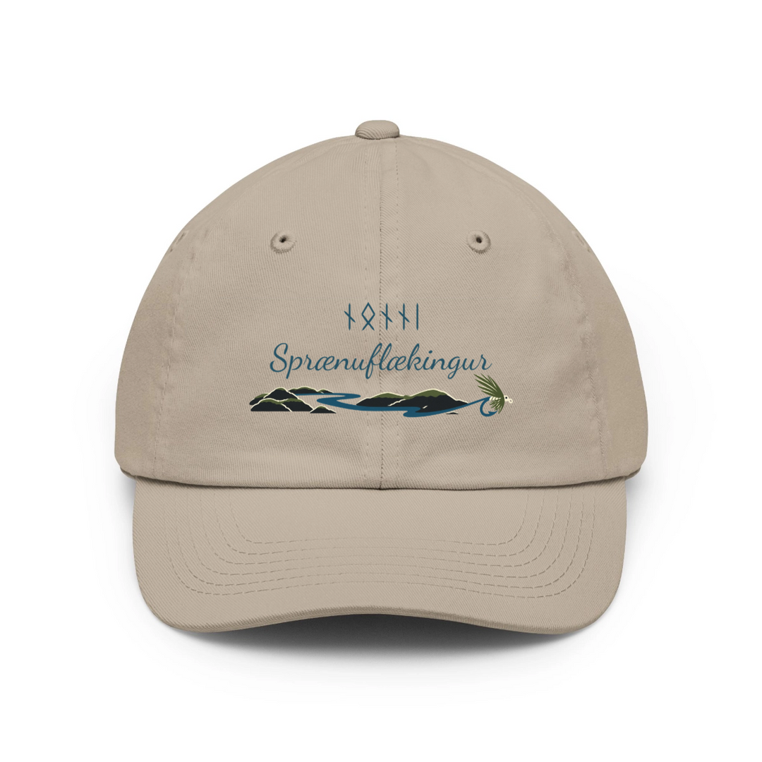 Personalizable "Sprænuflækingur" Icelandic angler design on a stone coloured baseball cap with runic lettering and scripted font