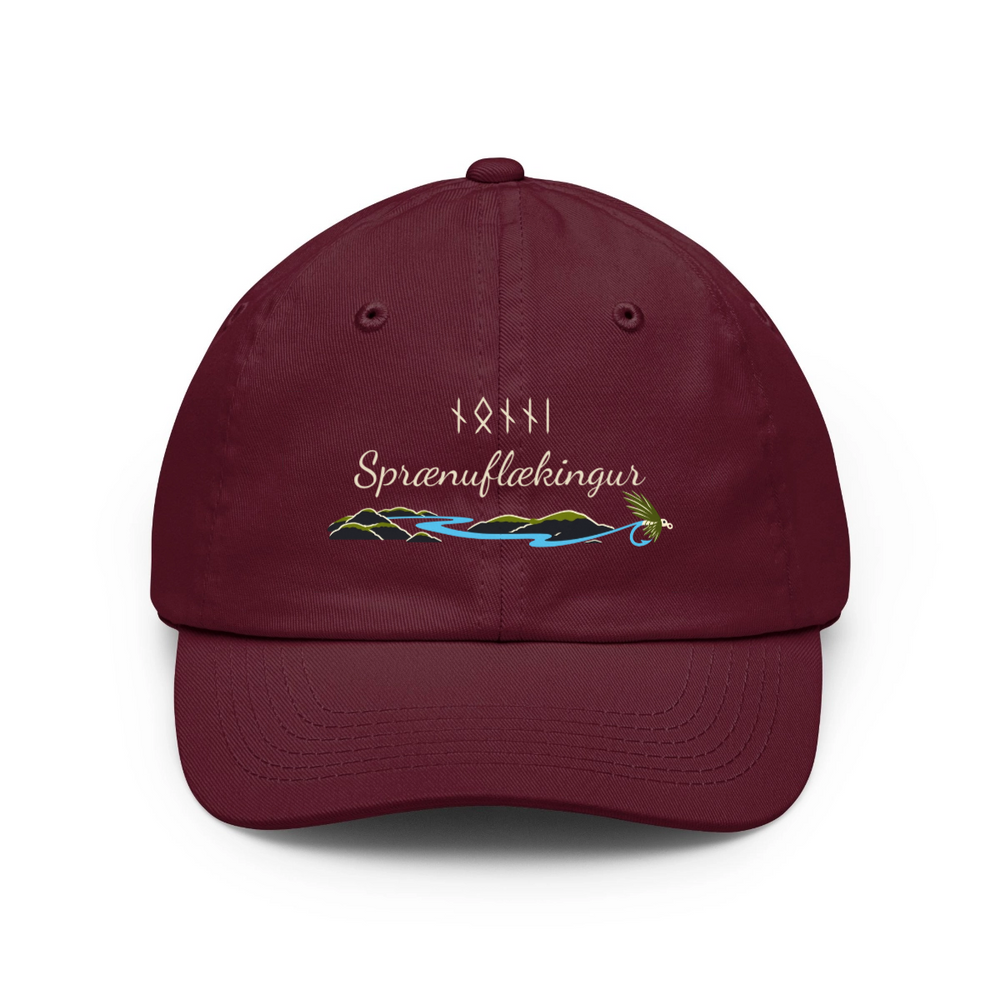 Personalizable "Sprænuflækingur" Icelandic angler design on a maroon coloured baseball cap with runic lettering and scripted font