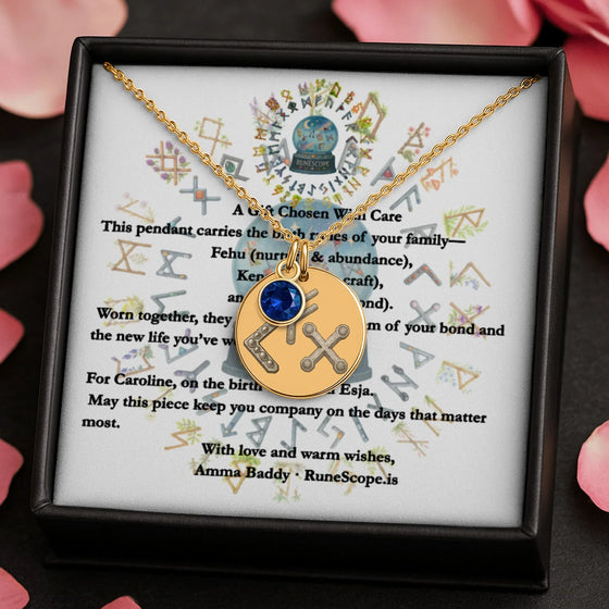 Birth Rune Trio - Family Coin Necklace With Birthstone