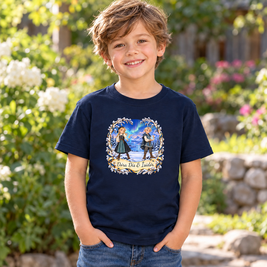Illustrative child-model mockup of the navy Rune Guards tee with winter artwork and Dóra Dís & Ísidór lettering