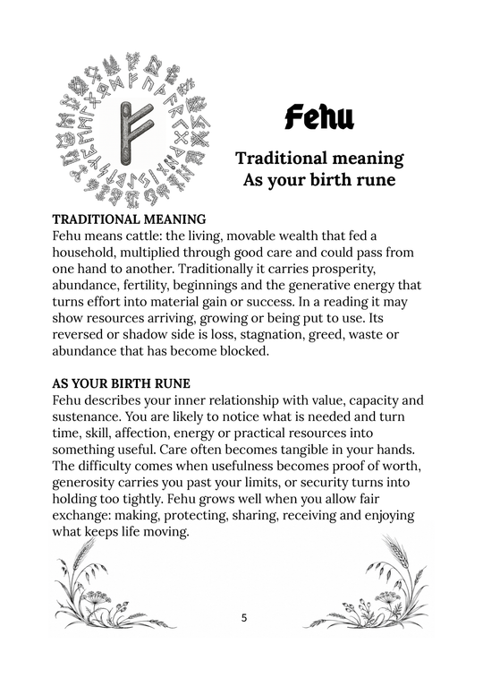 English PDF ebook — Sample page: Fehu traditional meaning and birth rune