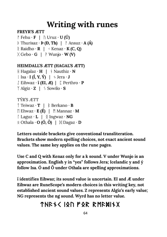 English PDF ebook — Sample page: writing with Elder Futhark runes
