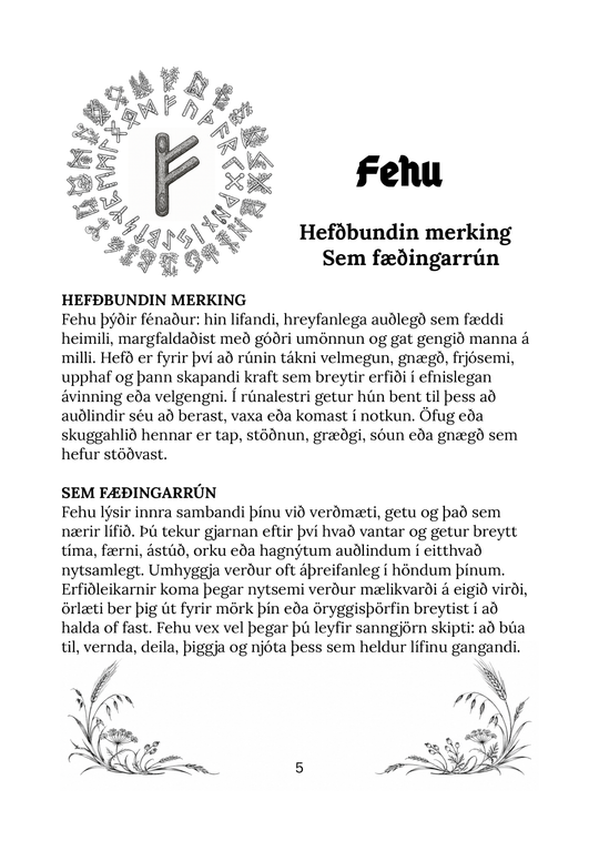Icelandic PDF ebook — Sample page: Fehu traditional meaning and birth rune