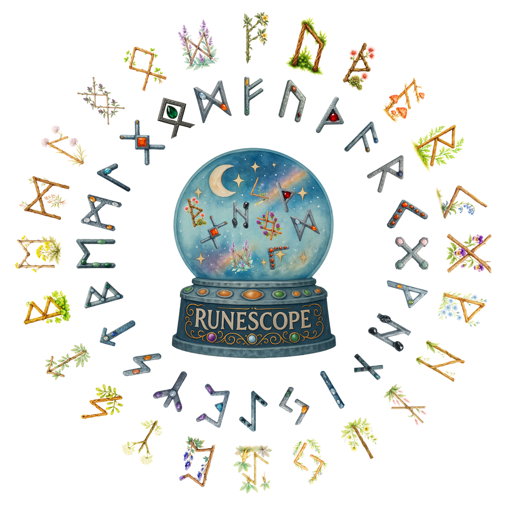 RuneScope crystal ball surrounded by the illustrated Elder Futhark runes