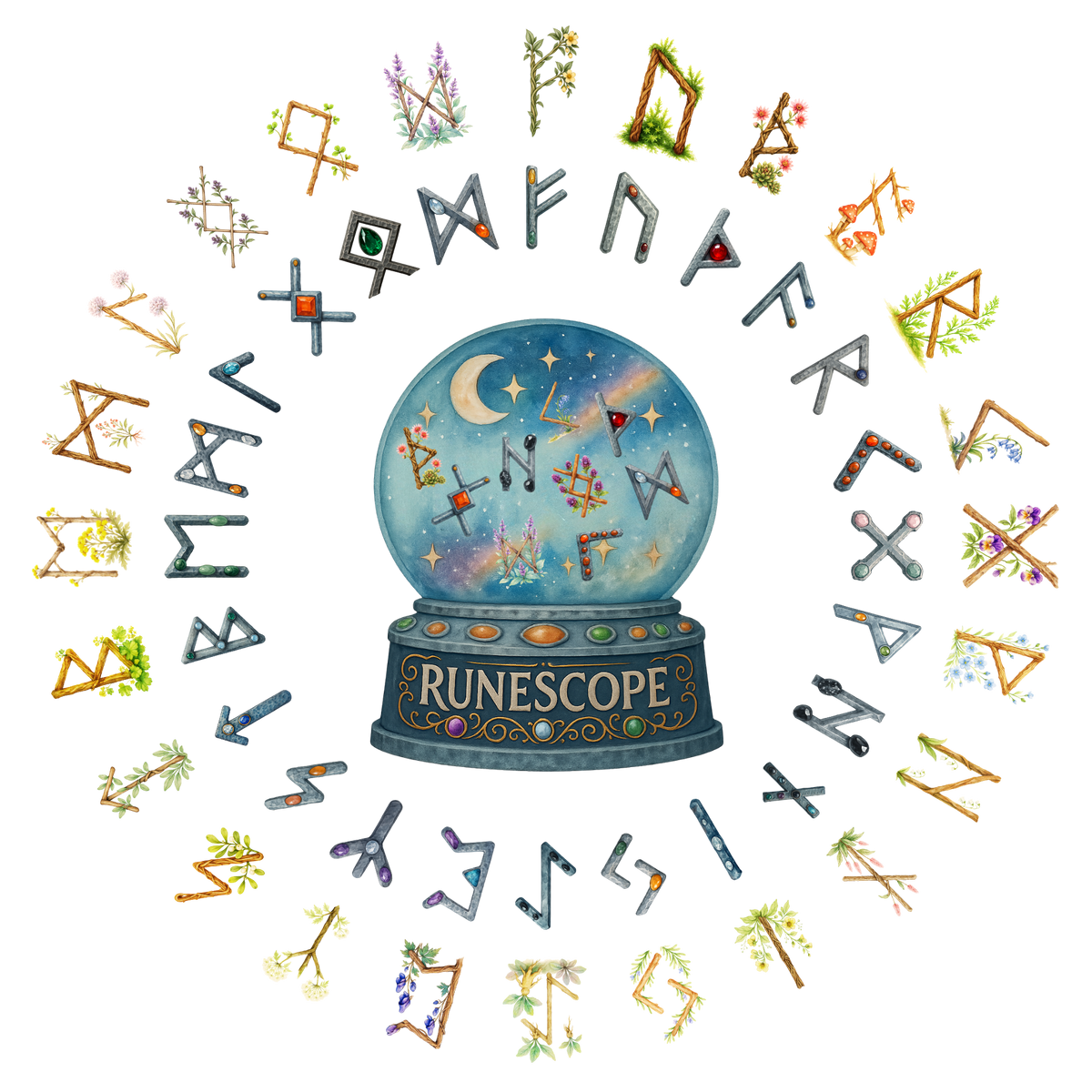 RuneScope globe with two ordered circles of Elder Futhark runes