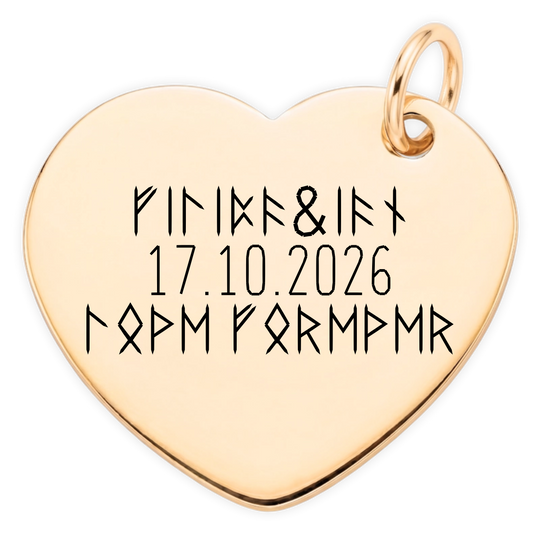 Loved By heart pendant optional back engraving close-up in RuneScope Pointed lettering