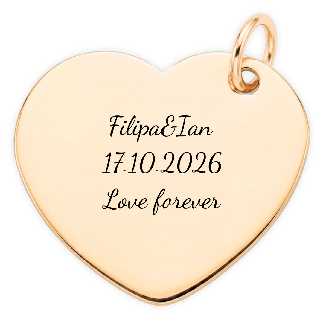 Loved By heart pendant optional back engraving close-up in script lettering
