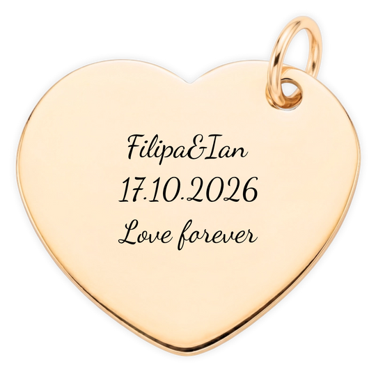 Loved By heart pendant optional back engraving close-up in script lettering