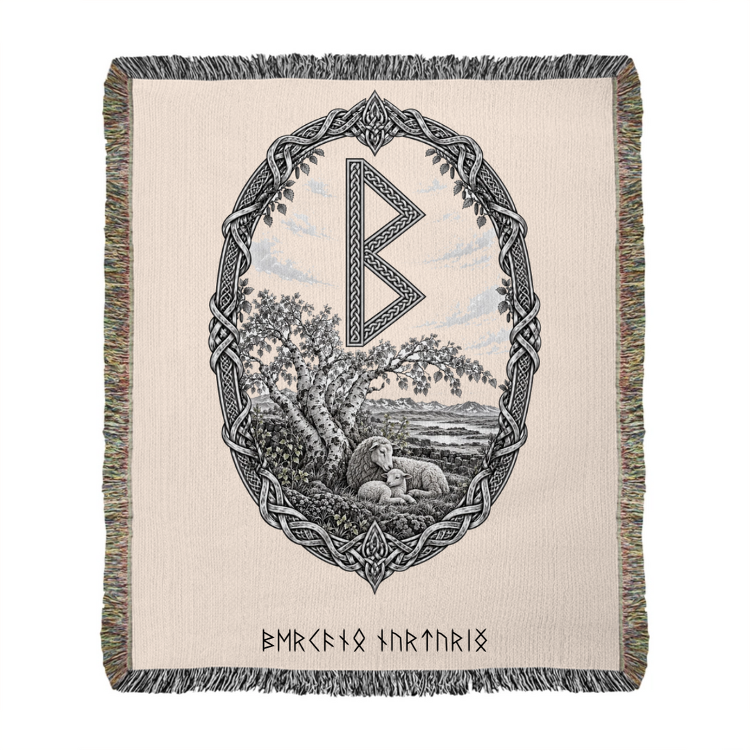 Berkano rune woven blanket mockup with birch tree, sheep and runic lettering