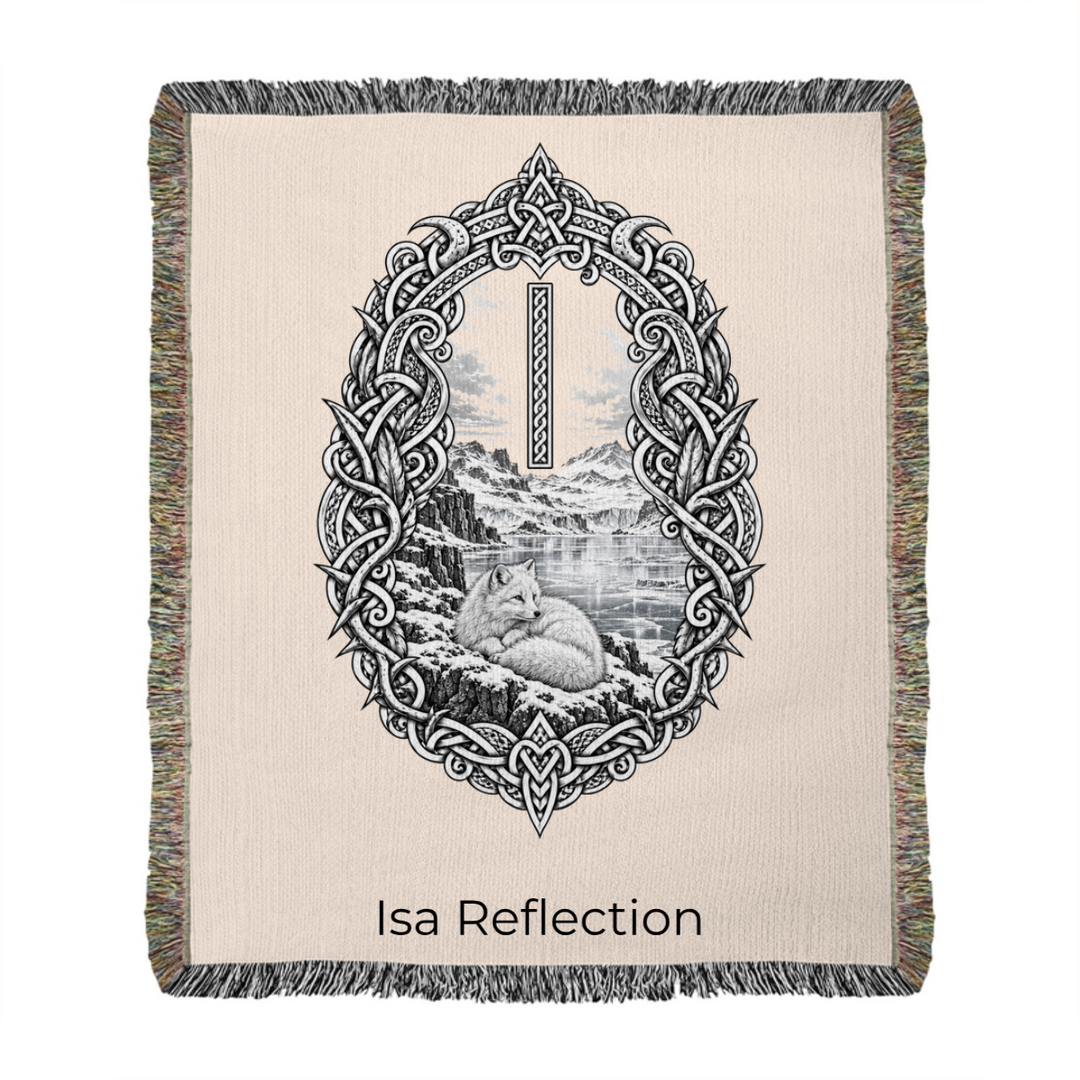 Isa rune woven blanket mockup with arctic fox artwork and sans serif lettering