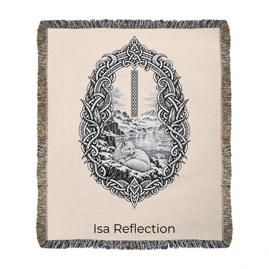 Isa rune woven blanket mockup with arctic fox artwork and sans serif lettering