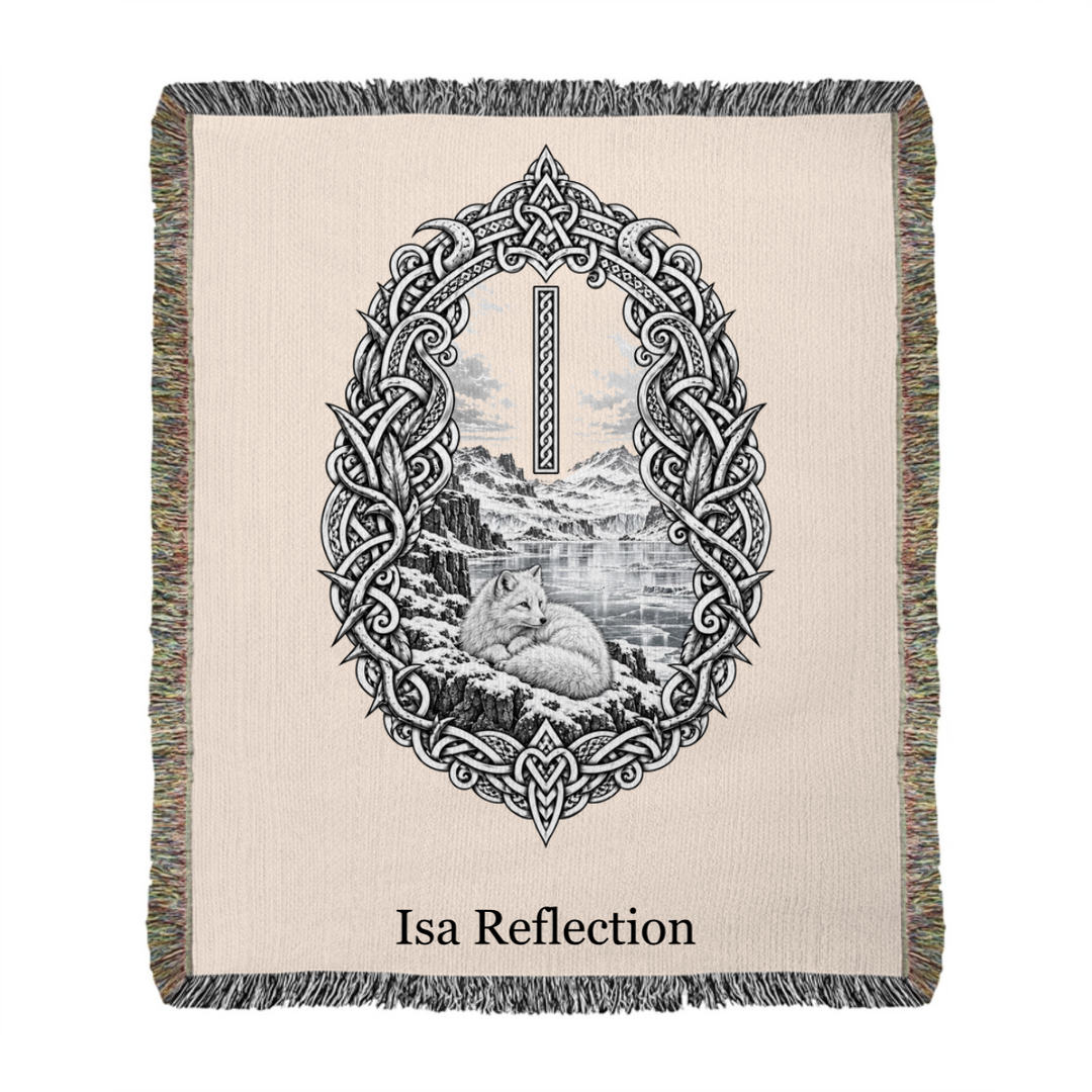 Isa rune woven blanket mockup showing serif lettering