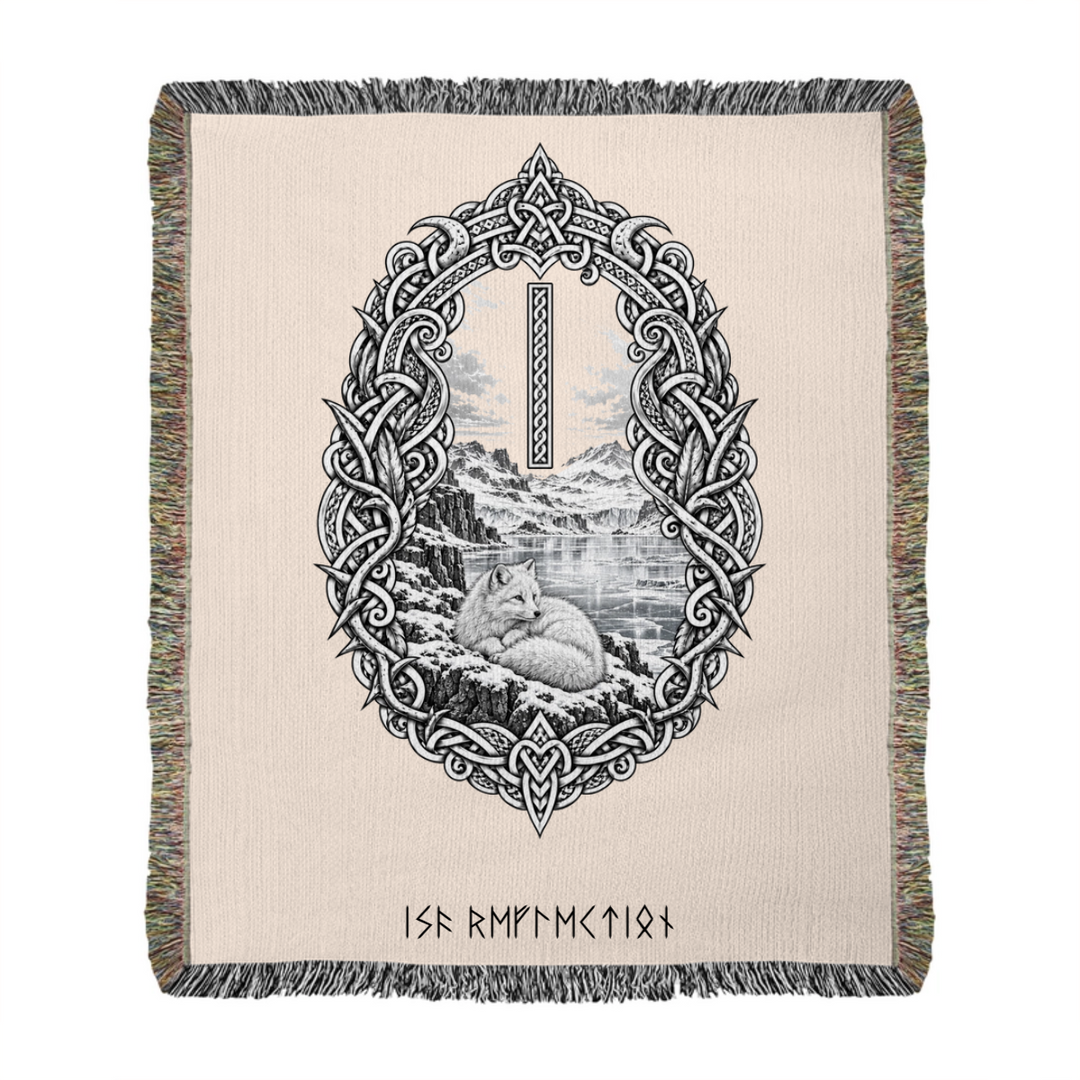 Isa rune woven blanket mockup showing RuneScope Pointed lettering