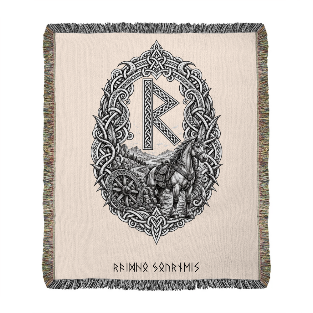 Raidho rune woven blanket mockup with horse artwork and runic lettering