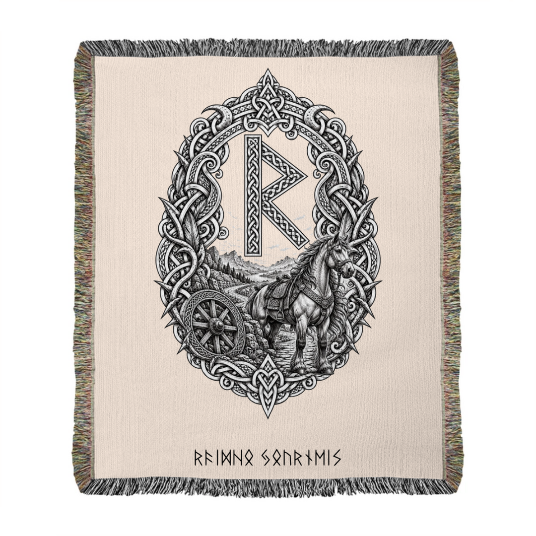 Raidho rune woven blanket mockup with horse artwork and runic lettering