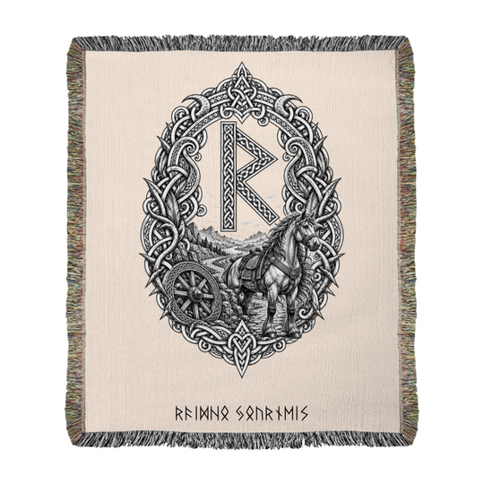 Raidho rune woven blanket mockup with horse artwork and runic lettering