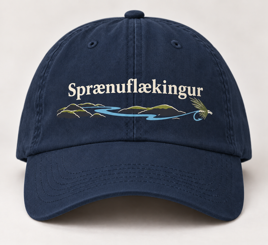 Sprænuflækingur personalised Icelandic angler cap — navy design mockup
