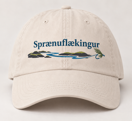 Sprænuflækingur personalised Icelandic angler cap — stone design mockup